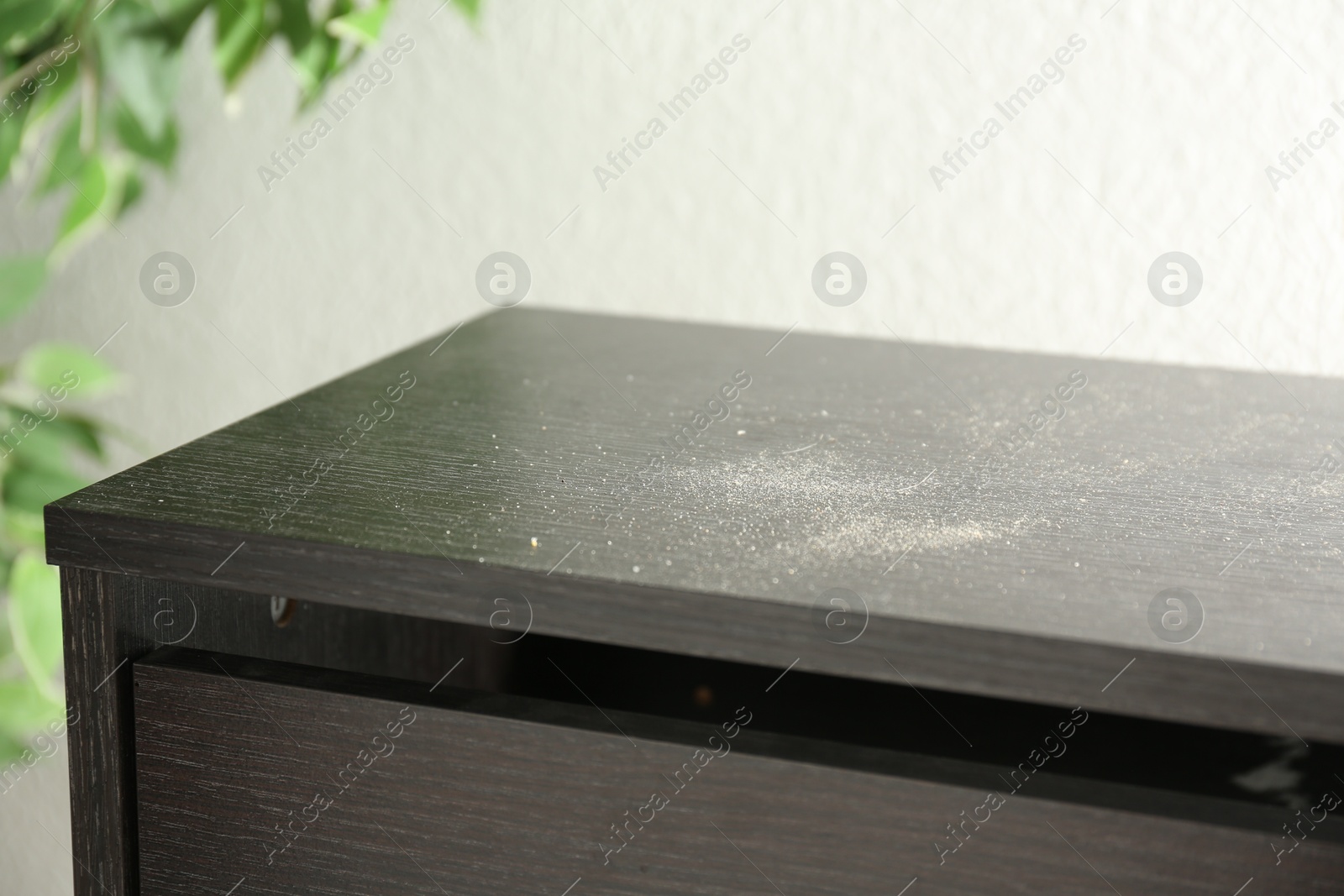 Photo of Black wooden cabinet covered with dust indoors, closeup