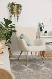 Photo of Stylish armchair with cushion in room. Interior design
