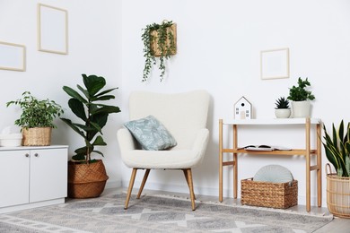 Photo of Stylish armchair with cushion, houseplants and decor in room. Interior design
