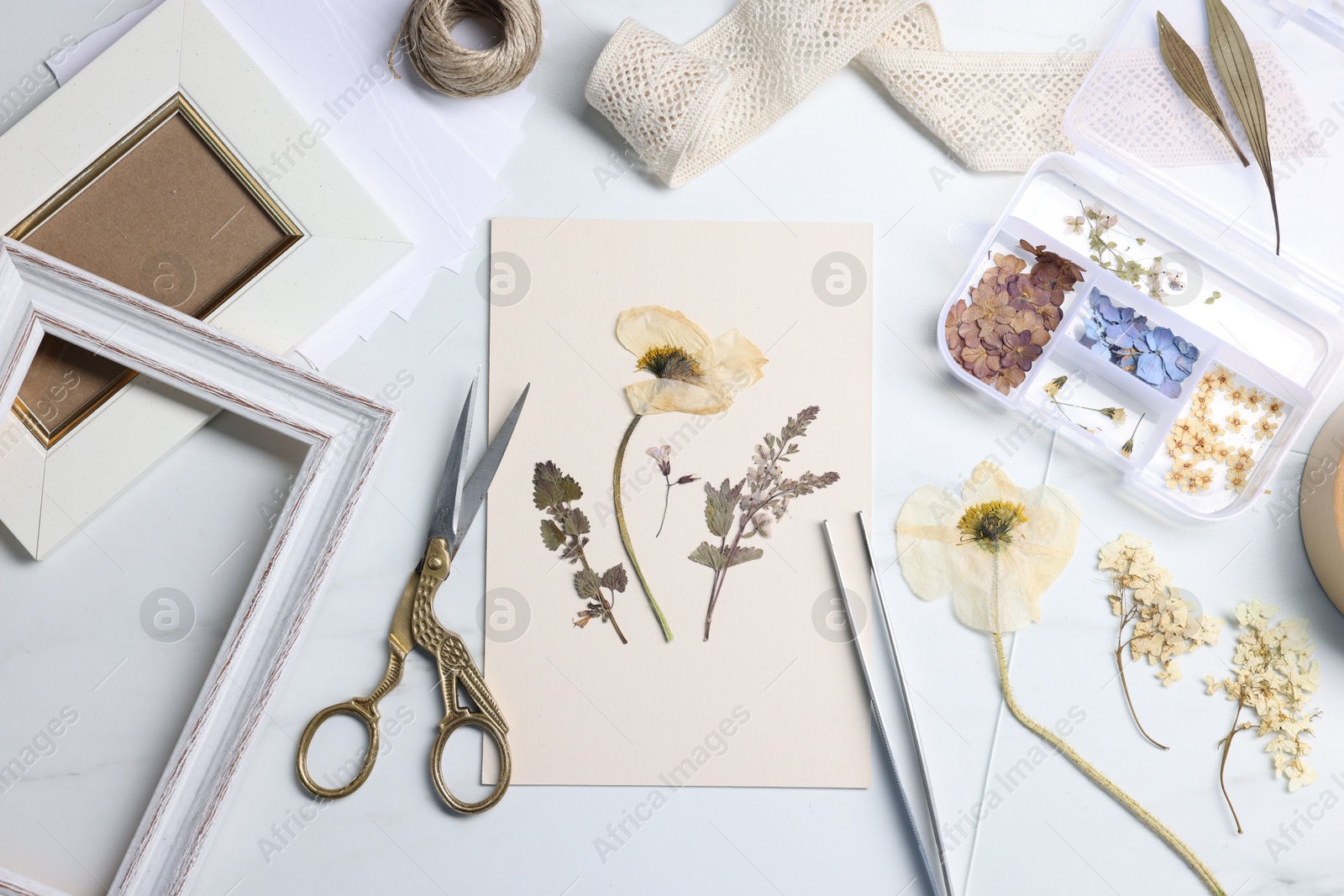 Photo of Flat lay composition with dry flowers and paper on white marble table