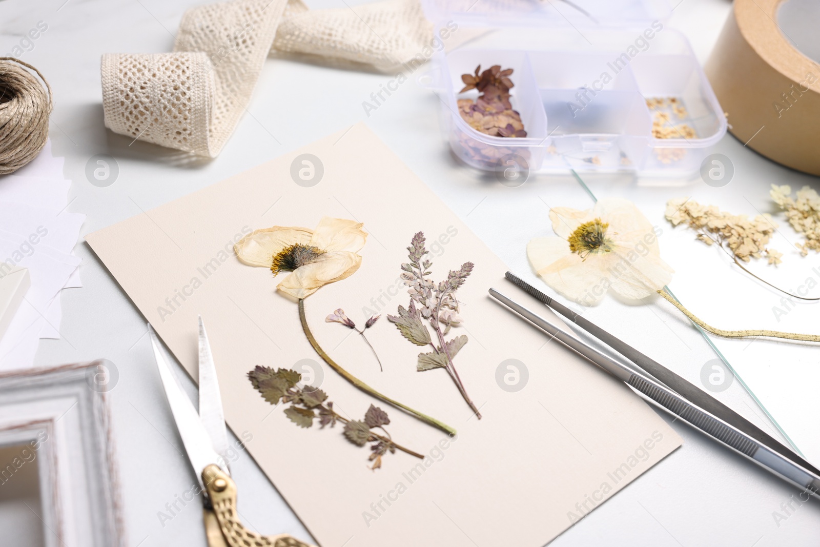 Photo of Dry flowers, tweezers, scissors and paper on white marble table, closeup