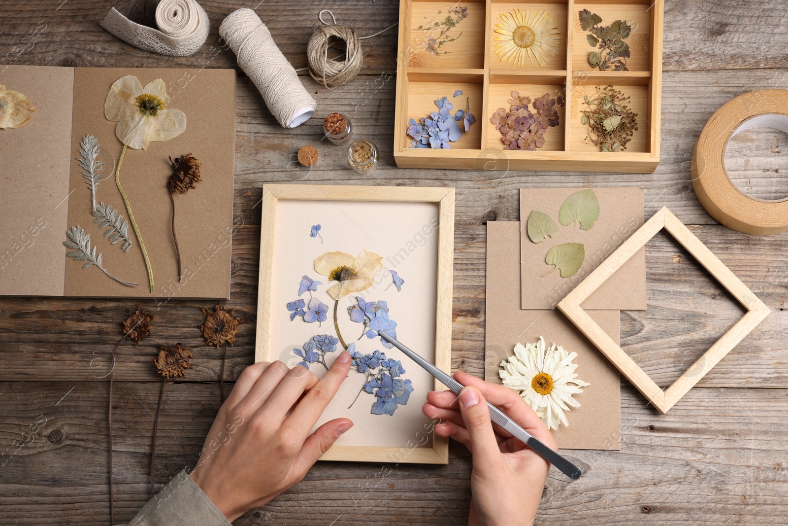 Woman putting dry flowers into picture frame at wooden table, top view Photo of Woman putting dry flowers into picture frame at wooden table, top view