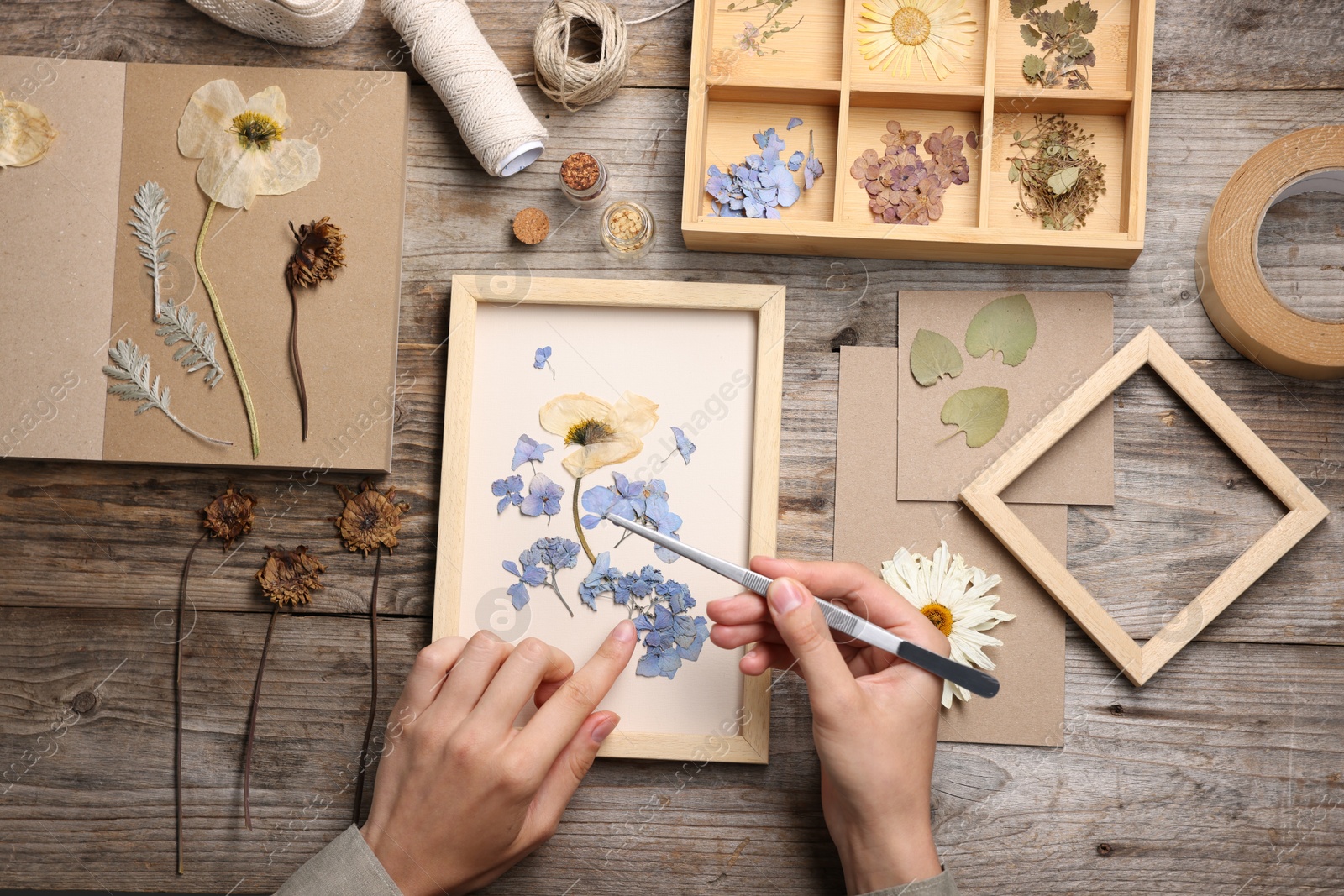 Woman putting dry flowers into picture frame at wooden table, top view Photo of Woman putting dry flowers into picture frame at wooden table, top view