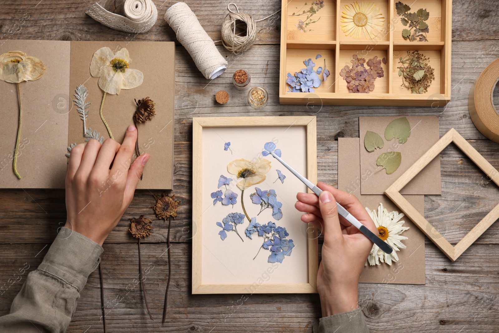 Woman putting dry flowers into picture frame at wooden table, top view Photo of Woman putting dry flowers into picture frame at wooden table, top view