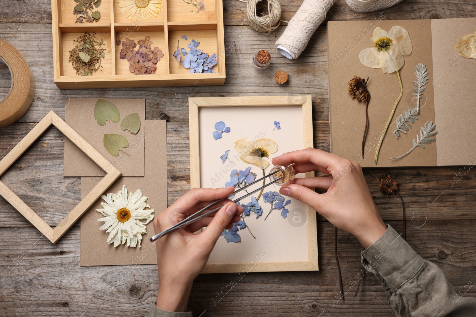 Woman putting dry flowers into picture frame at wooden table, top view Photo of Woman putting dry flowers into picture frame at wooden table, top view