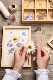 Photo of Woman putting dry flowers into picture frame at wooden table, top view
