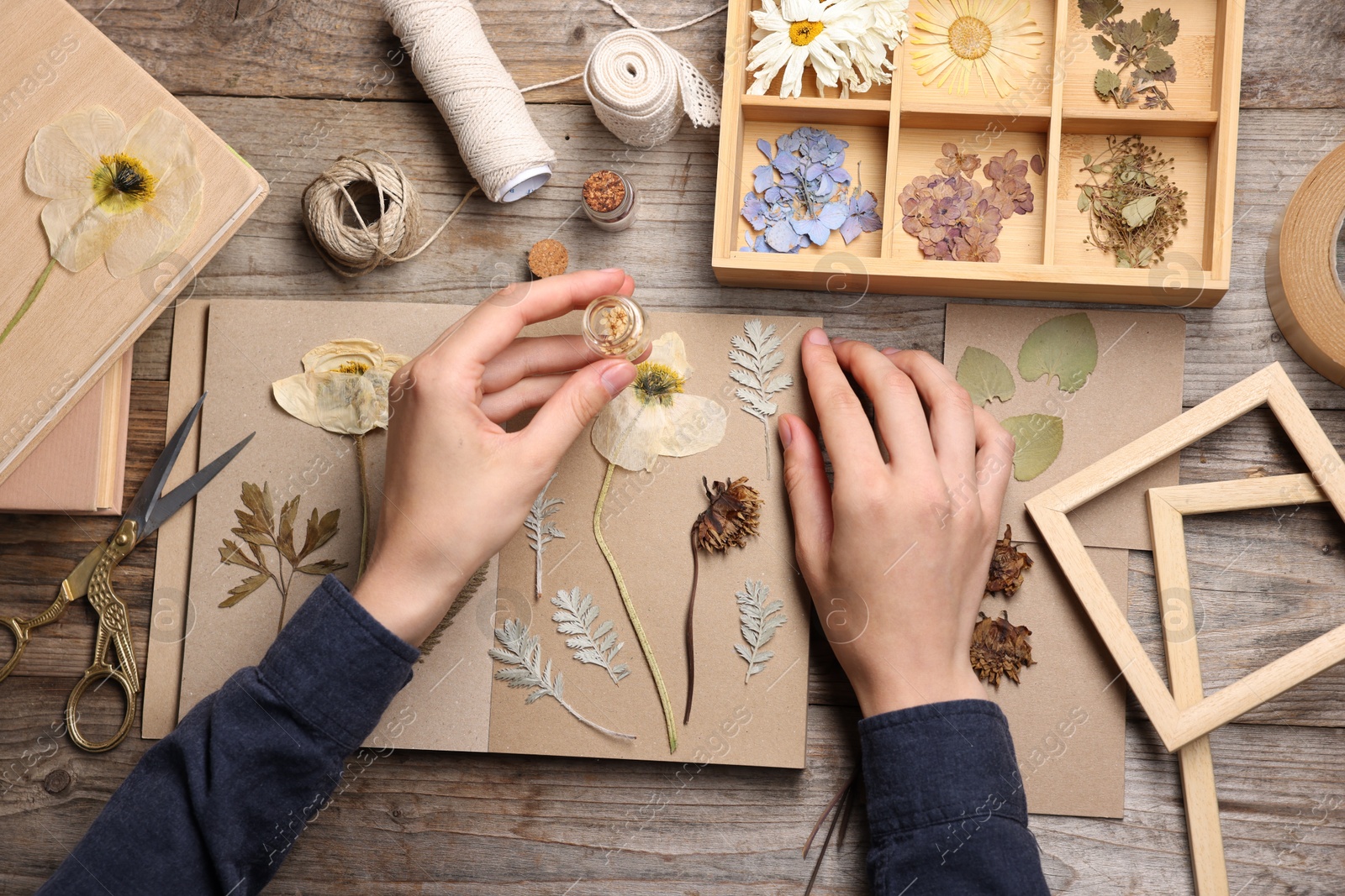 Woman putting dry flowers into notebook at wooden table, top view Photo of Woman putting dry flowers into notebook at wooden table, top view