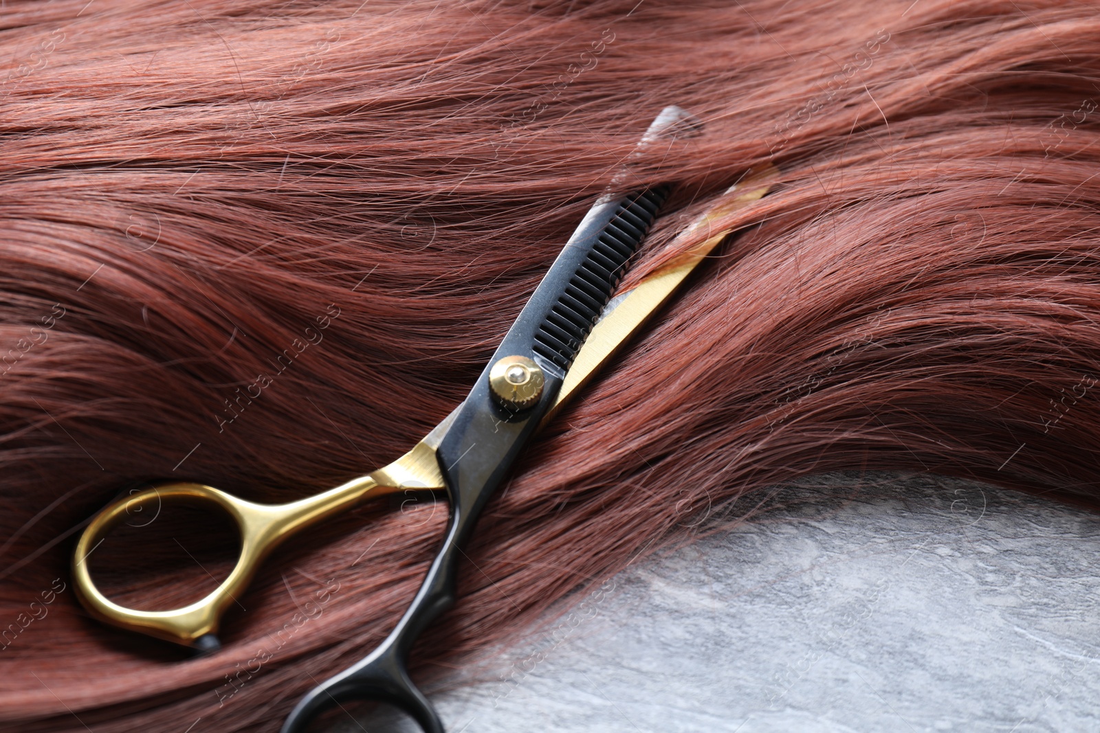 Auburn hair strand and hairdresser's scissors on grey background, closeup Photo of Auburn hair strand and hairdresser's scissors on grey background, closeup