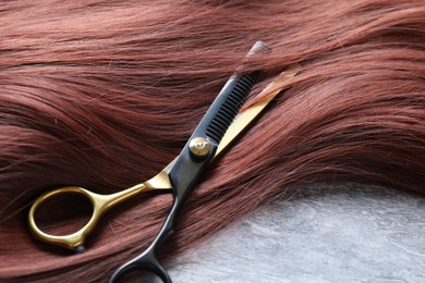 Photo of Auburn hair strand and hairdresser's scissors on grey background, closeup
