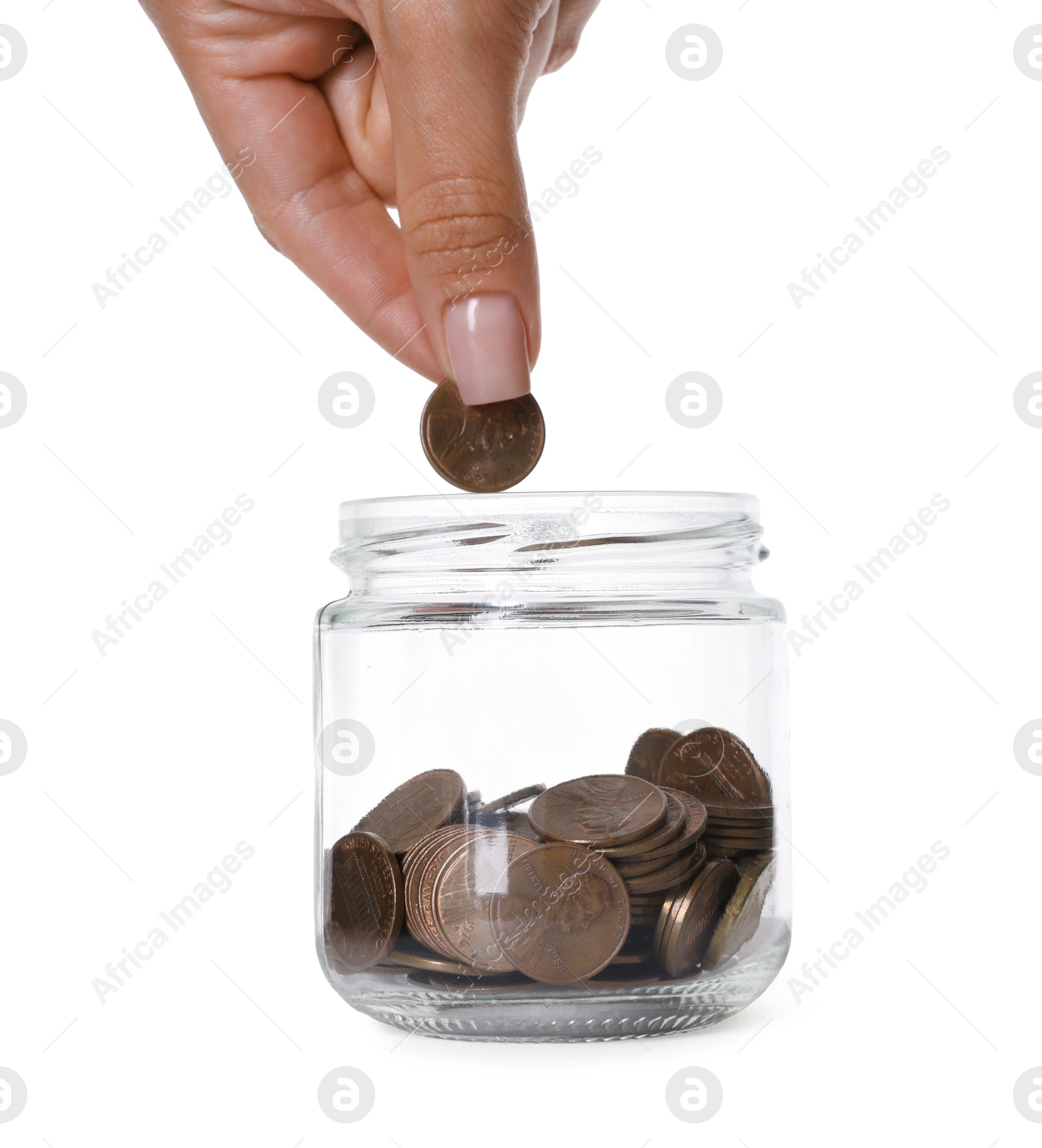 Photo of Woman putting coin into glass jar on white background, closeup