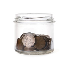 Photo of Glass jar with coins isolated on white