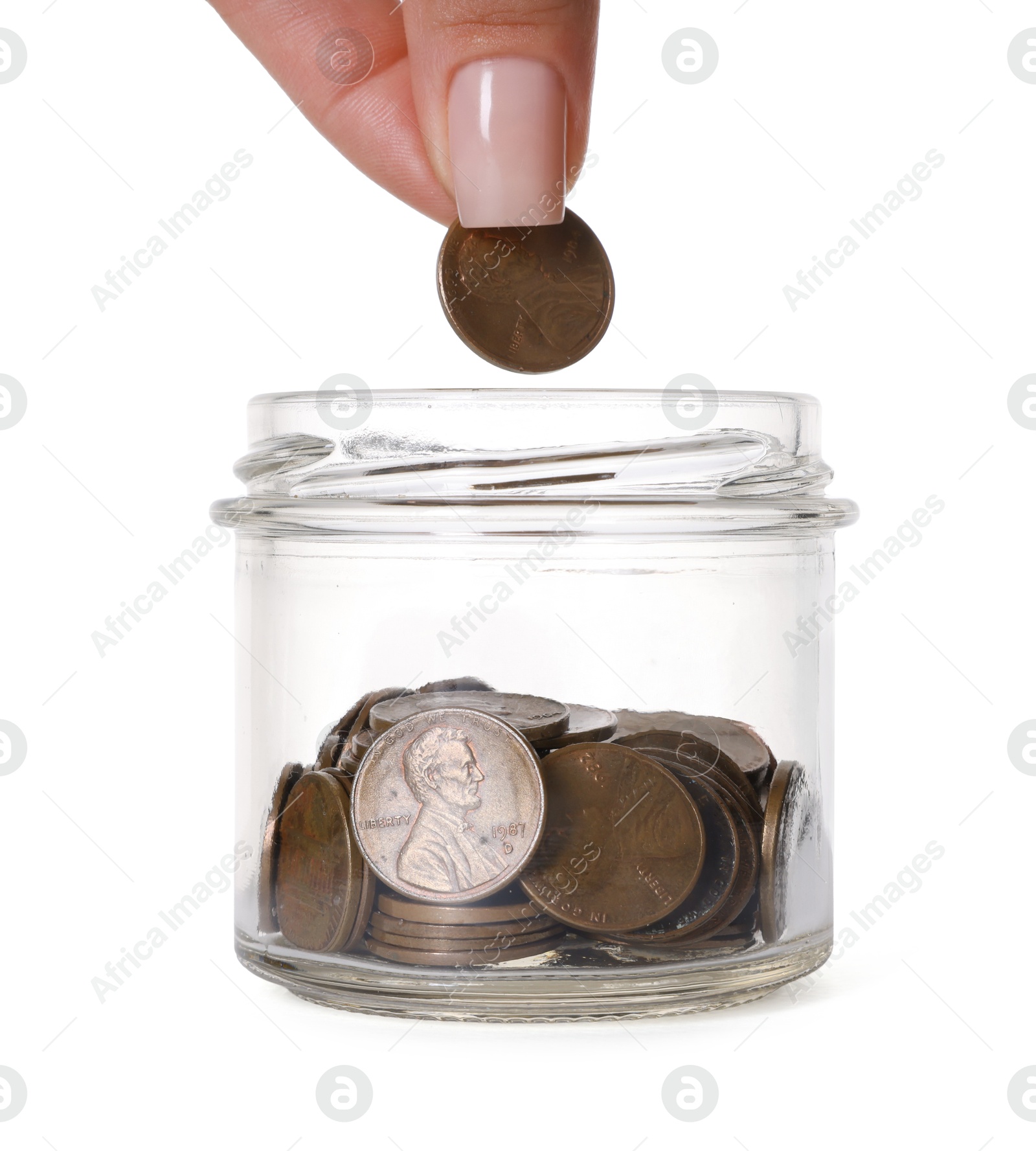 Photo of Woman putting coin into glass jar on white background, closeup