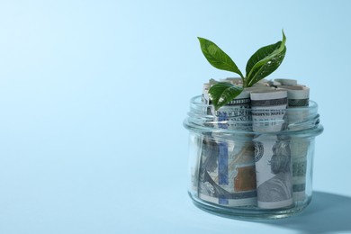 Photo of Glass jar with dollars and sprout on light blue background, closeup. Space for text