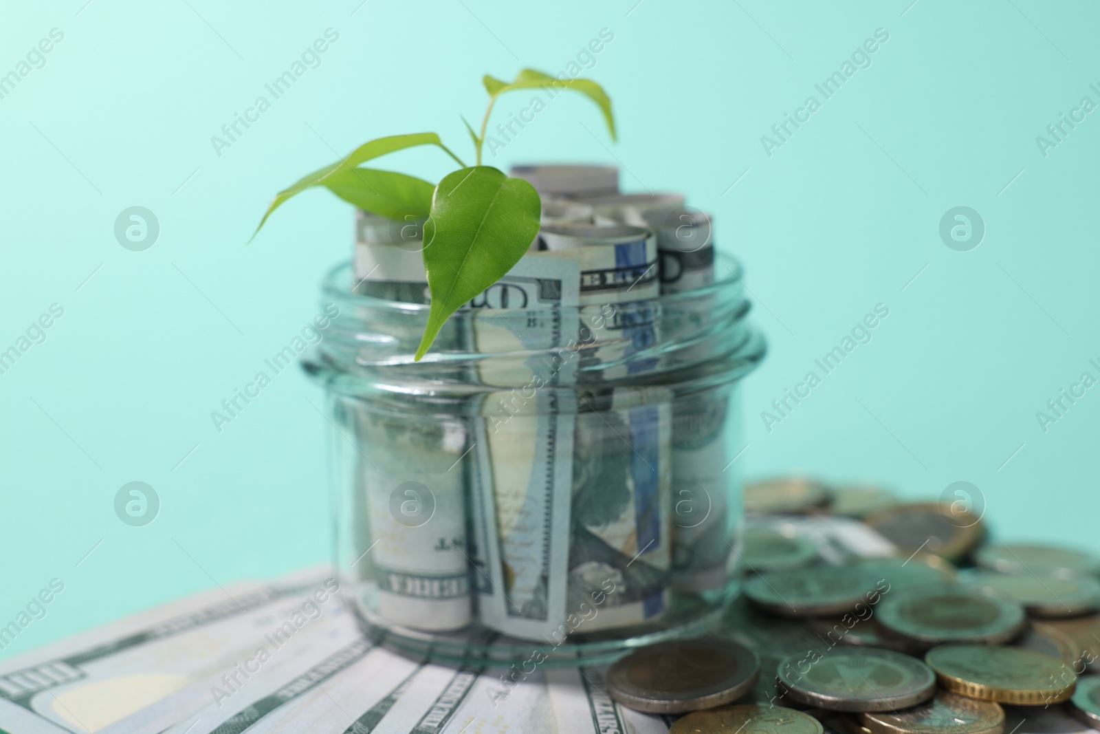 Photo of Glass jar with dollars, sprout and coins on light blue background, closeup
