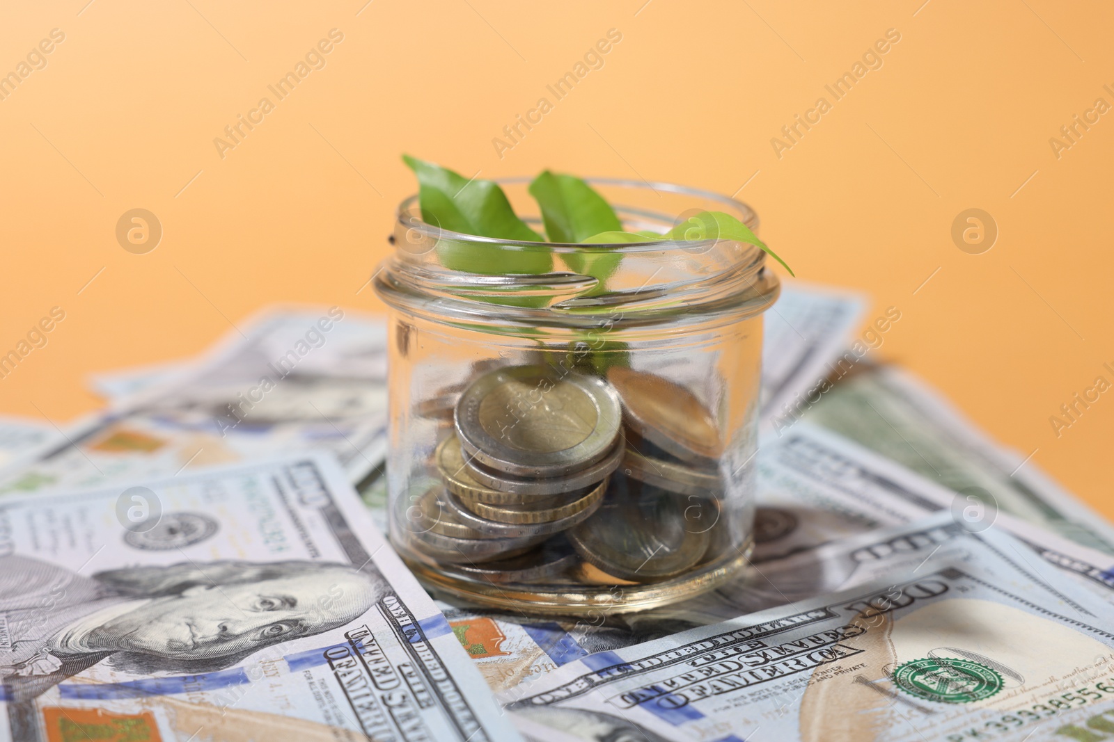 Photo of Glass jar with coins, sprout and dollars on pale orange background, closeup