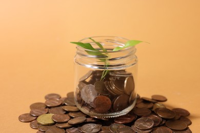 Photo of Glass jar with coins and sprout on pale orange background, closeup