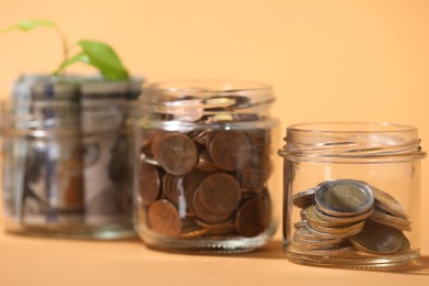 Photo of Glass jars with dollars, coins and sprout on pale orange background, closeup