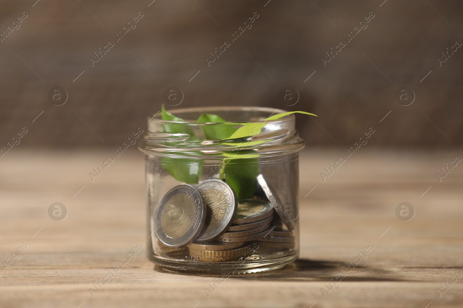 Photo of Glass jar with coins and sprout on wooden table, closeup