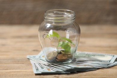 Photo of Glass jar with coins, sprout and dollars on wooden table, closeup
