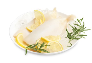 Photo of Pieces of raw squids with ice cubes, rosemary and lemon isolated on white