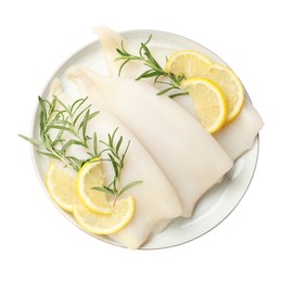 Photo of Pieces of raw squids with rosemary and lemon isolated on white, top view