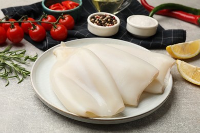 Photo of Pieces of raw squids and products on grey textured table, closeup