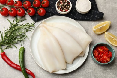 Photo of Pieces of raw squids, spices and products on grey textured table, flat lay