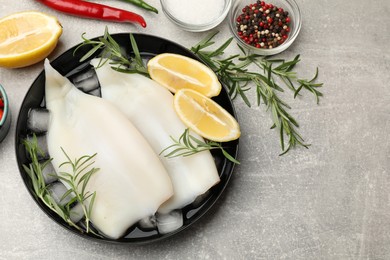 Photo of Pieces of raw squids with ice cubes, lemon, rosemary, spices and products on grey textured table, flat lay. Space for text