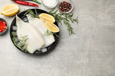 Photo of Pieces of raw squids with ice cubes, lemon, rosemary, spices and products on grey textured table, flat lay. Space for text