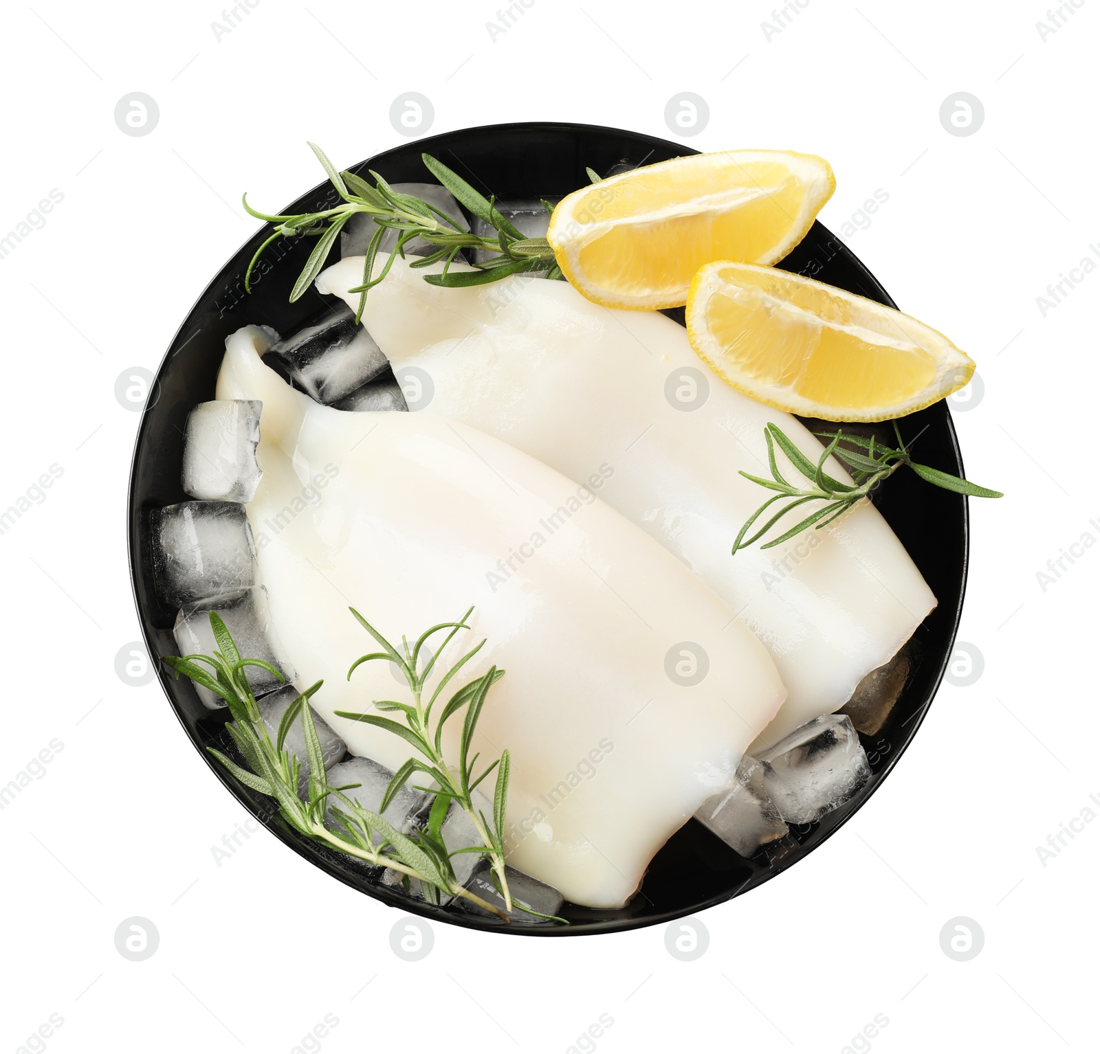 Photo of Pieces of raw squids with ice cubes, lemon and rosemary isolated on white, top view