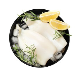 Photo of Pieces of raw squids with ice cubes, lemon and rosemary isolated on white, top view