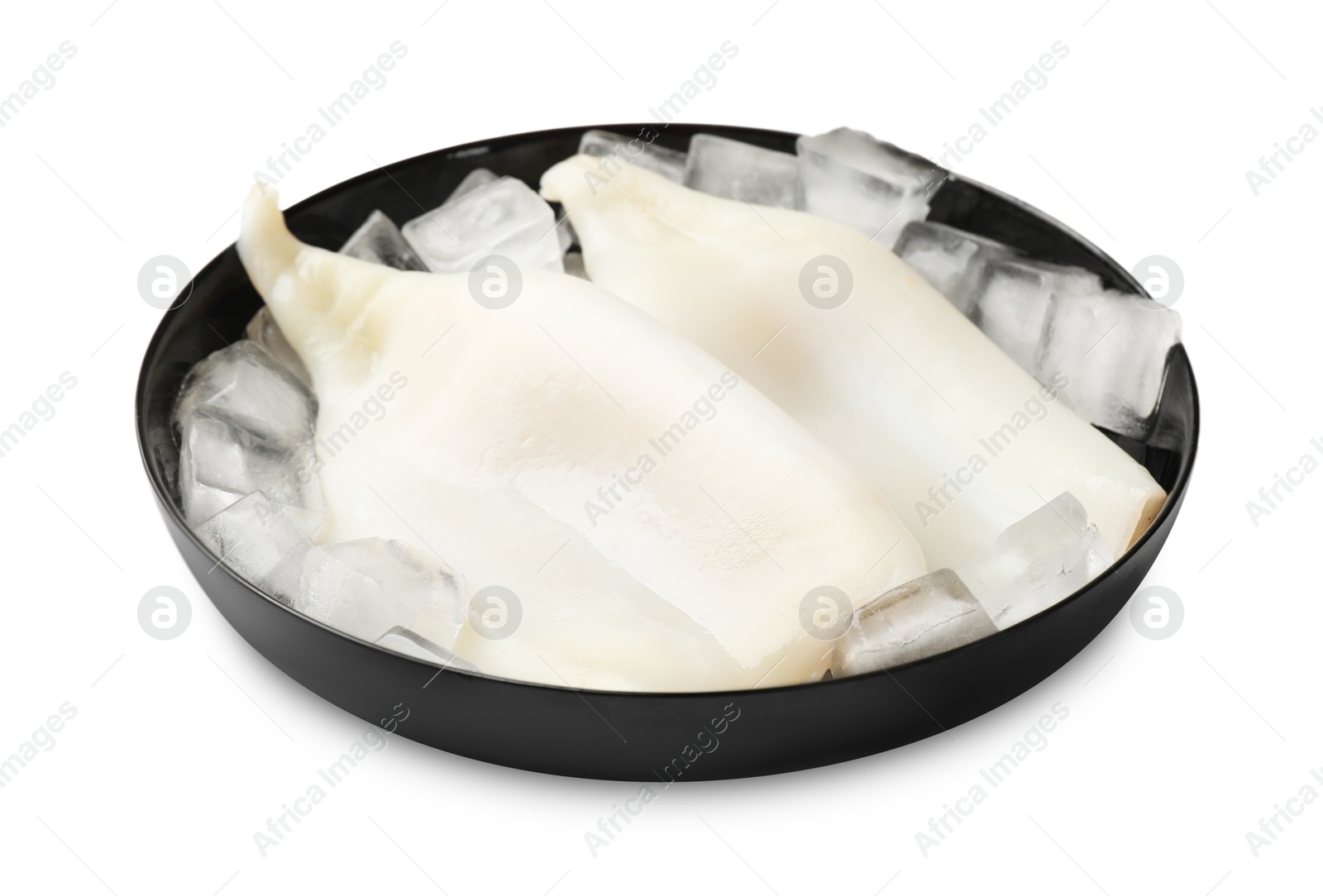 Photo of Pieces of raw squids with ice cubes isolated on white