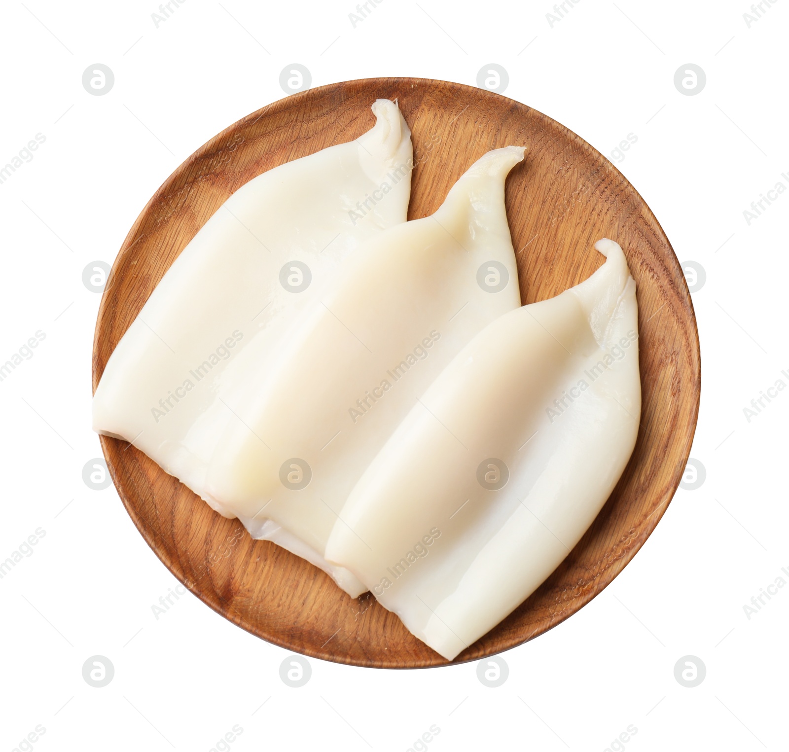 Photo of Pieces of raw squids isolated on white, top view