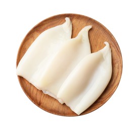 Photo of Pieces of raw squids isolated on white, top view