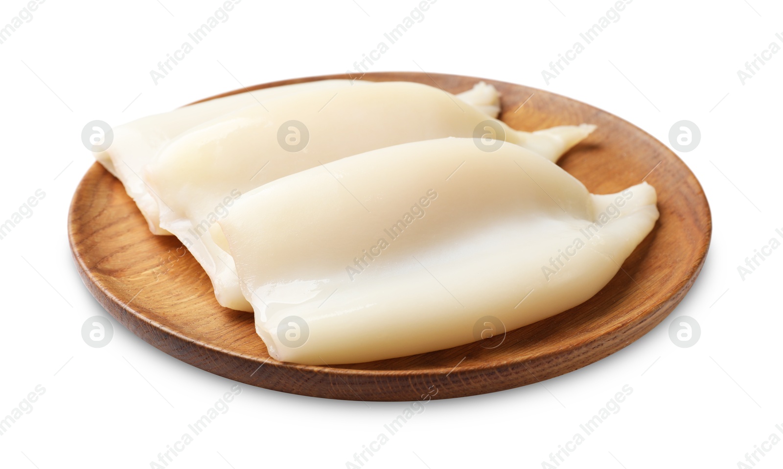 Photo of Pieces of raw squids isolated on white
