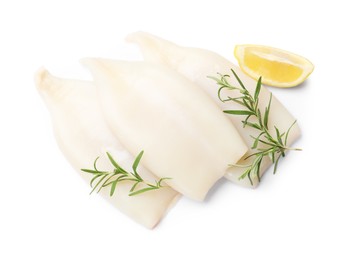 Photo of Pieces of raw squids with rosemary and lemon isolated on white, top view