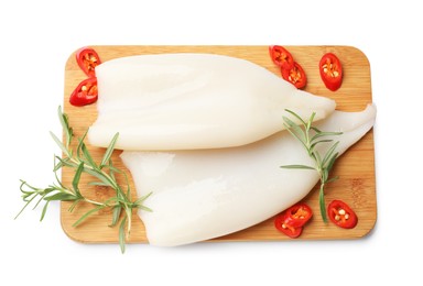 Photo of Pieces of raw squids with rosemary and chili pepper isolated on white, top view