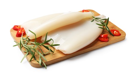 Photo of Pieces of raw squids with rosemary and chili pepper isolated on white