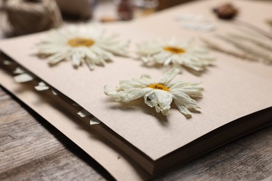 Photo of Dry chamomile flowers in notebook on wooden table, closeup