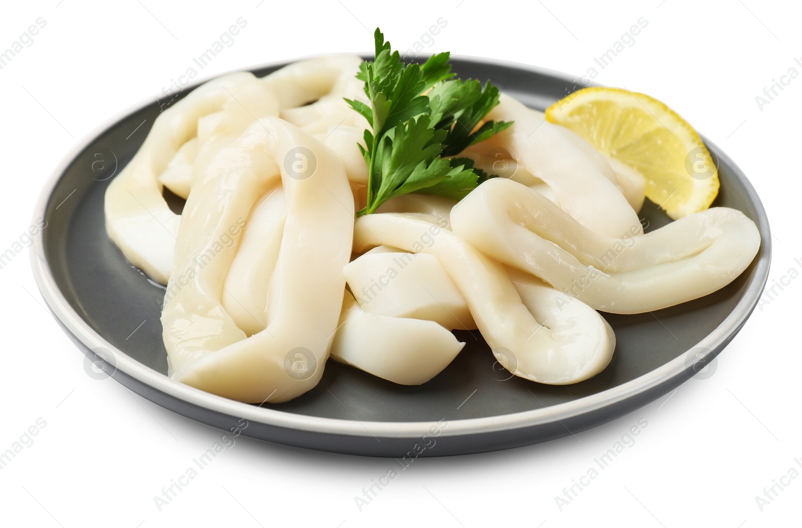 Photo of Raw squid rings, parsley and lemon isolated on white
