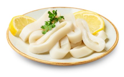 Photo of Raw squid rings, parsley and lemon isolated on white