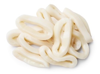 Photo of Pile of raw squid rings isolated on white, top view