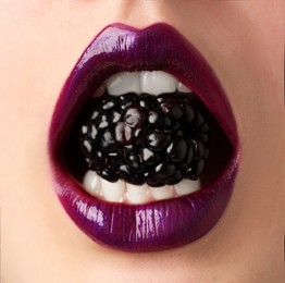 Photo of Woman with beautiful lips makeup and blackberry, closeup