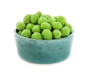 Photo of Wasabi coated peanuts in bowl isolated on white