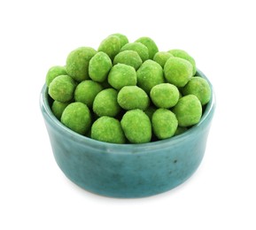 Photo of Wasabi coated peanuts in bowl isolated on white