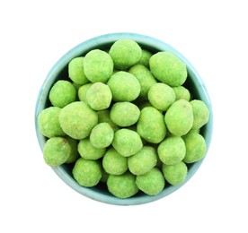 Photo of Wasabi coated peanuts in bowl isolated on white, top view