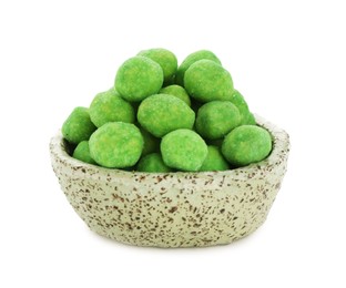 Photo of Wasabi coated peanuts in bowl isolated on white