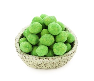 Photo of Wasabi coated peanuts in bowl isolated on white