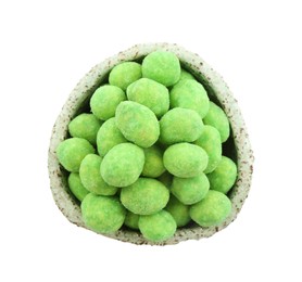 Photo of Wasabi coated peanuts in bowl isolated on white, top view
