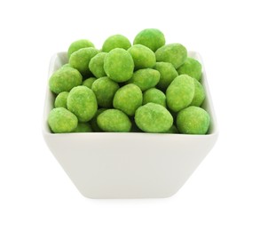 Photo of Wasabi coated peanuts in bowl isolated on white